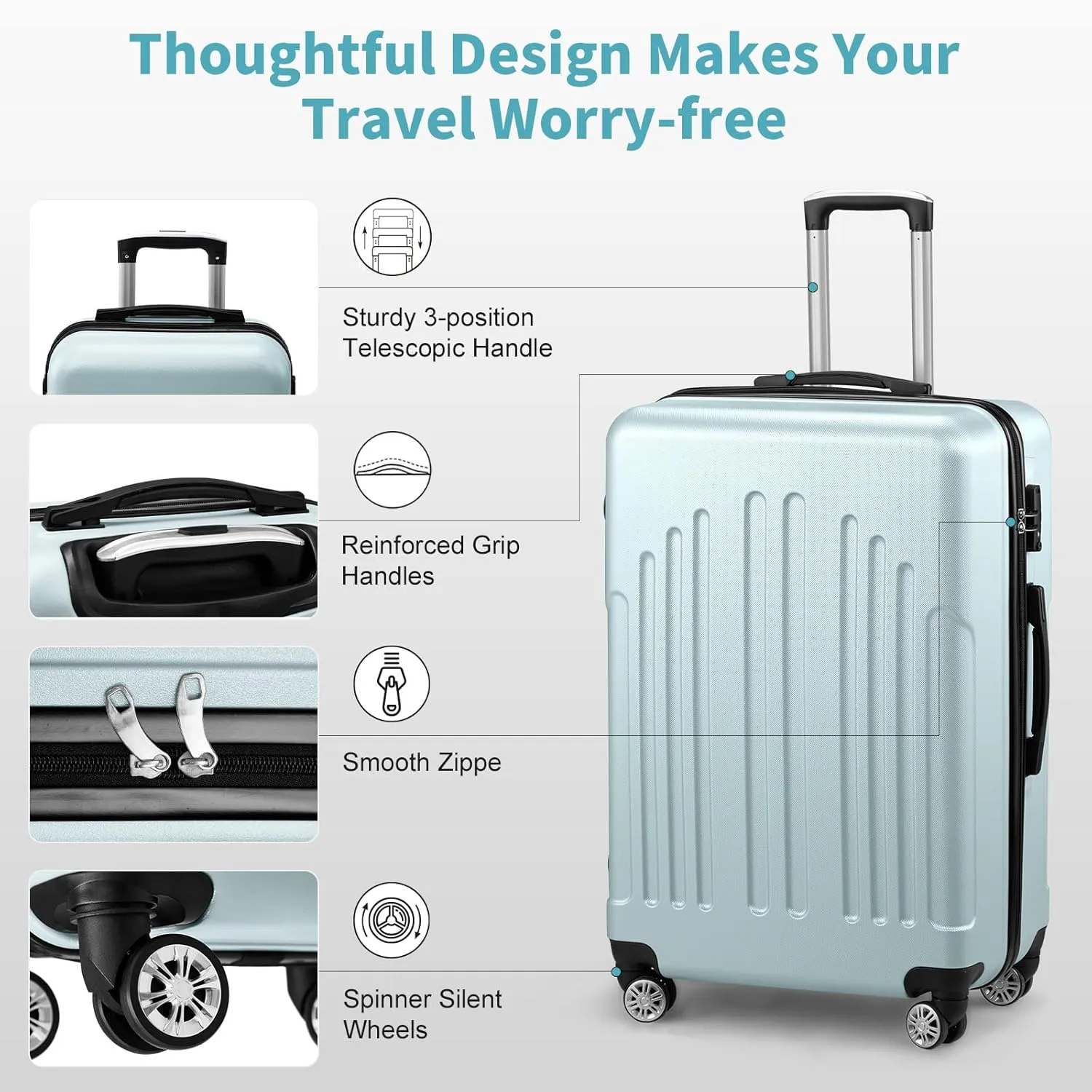 Karl home Luggage Sets 3 Piece, PC ABS Hardside Suitcase Set with Double Spinner Wheels & TSA Lock for Travel Business, 3-Piece Set (20/24/28), Mint Green