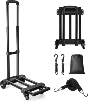 KEDSUM Folding Hand Truck with 4 Wheels, Lightweight Dolly Cart Foldable with 2 Elastic Ropes, Solid Construction Utility Luggage Cart Compact for Travel, Moving and Office Use, Easy to Store
