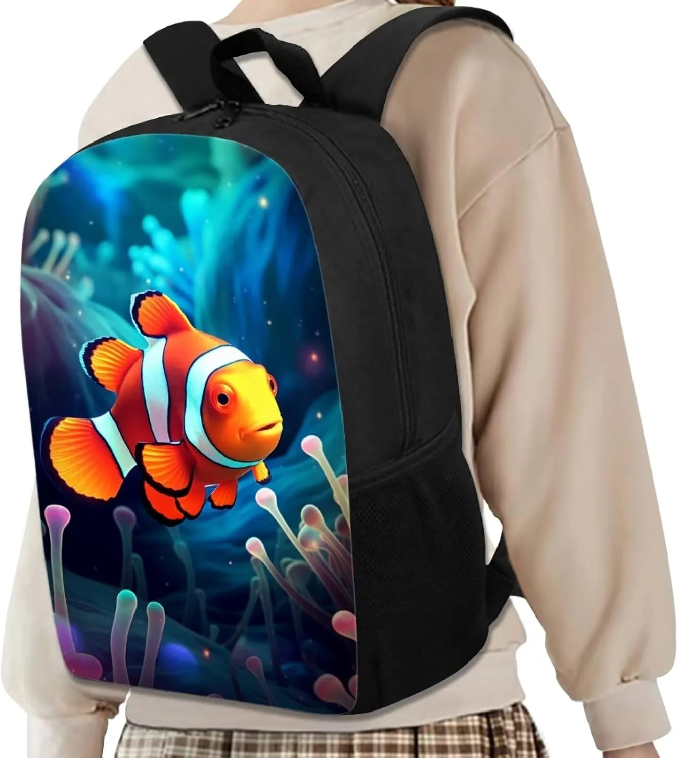 Kids Cute Animal School Backpack 17 Inch Black Lightweight Sturdy Soft Padded Clown Fish Backpack for Girls Boys Trendy Personalized Bookbag with Mesh Pocket Children Travel Outing Daypack