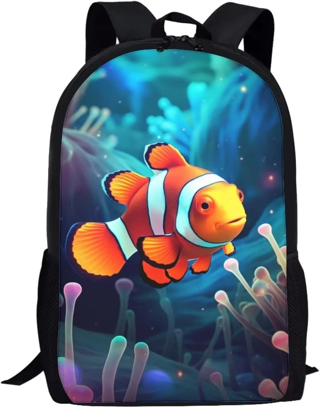 Kids Cute Animal School Backpack 17 Inch Black Lightweight Sturdy Soft Padded Clown Fish Backpack for Girls Boys Trendy Personalized Bookbag with Mesh Pocket Children Travel Outing Daypack