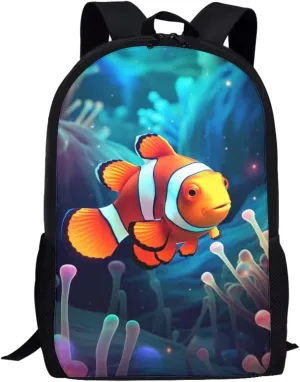 Kids Cute Animal School Backpack 17 Inch Black Lightweight Sturdy Soft Padded Clown Fish Backpack for Girls Boys Trendy Personalized Bookbag with Mesh Pocket Children Travel Outing Daypack