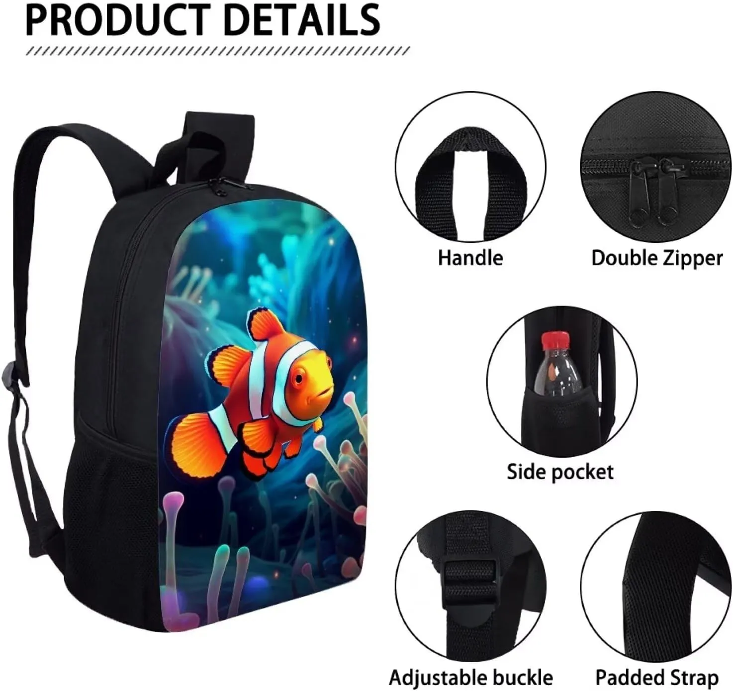Kids Cute Animal School Backpack 17 Inch Black Lightweight Sturdy Soft Padded Clown Fish Backpack for Girls Boys Trendy Personalized Bookbag with Mesh Pocket Children Travel Outing Daypack