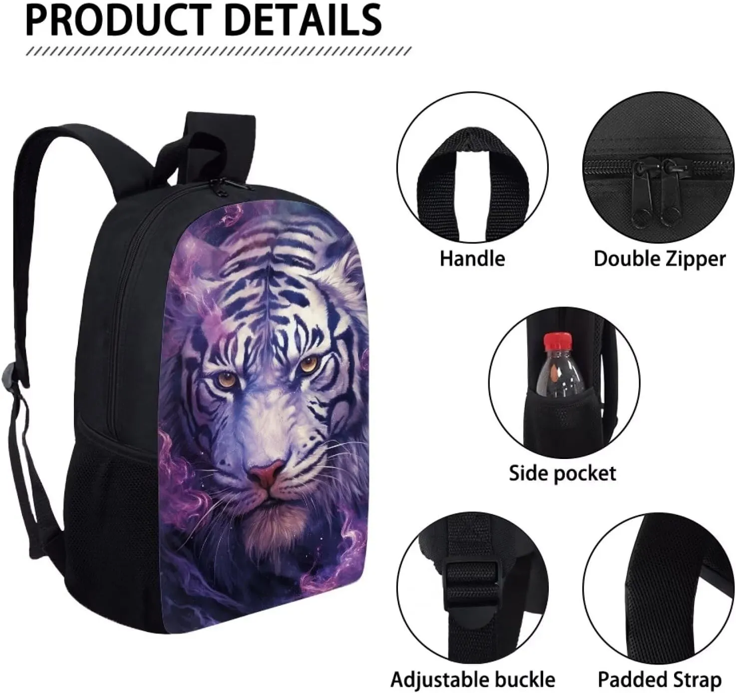 Kids Cute Animal School Backpack 17 Inch Black Lightweight Sturdy Soft Padded Cool Tiger Backpack for Girls Boys Trendy Personalized Bookbag with Mesh Pocket Children Travel Outing Daypack