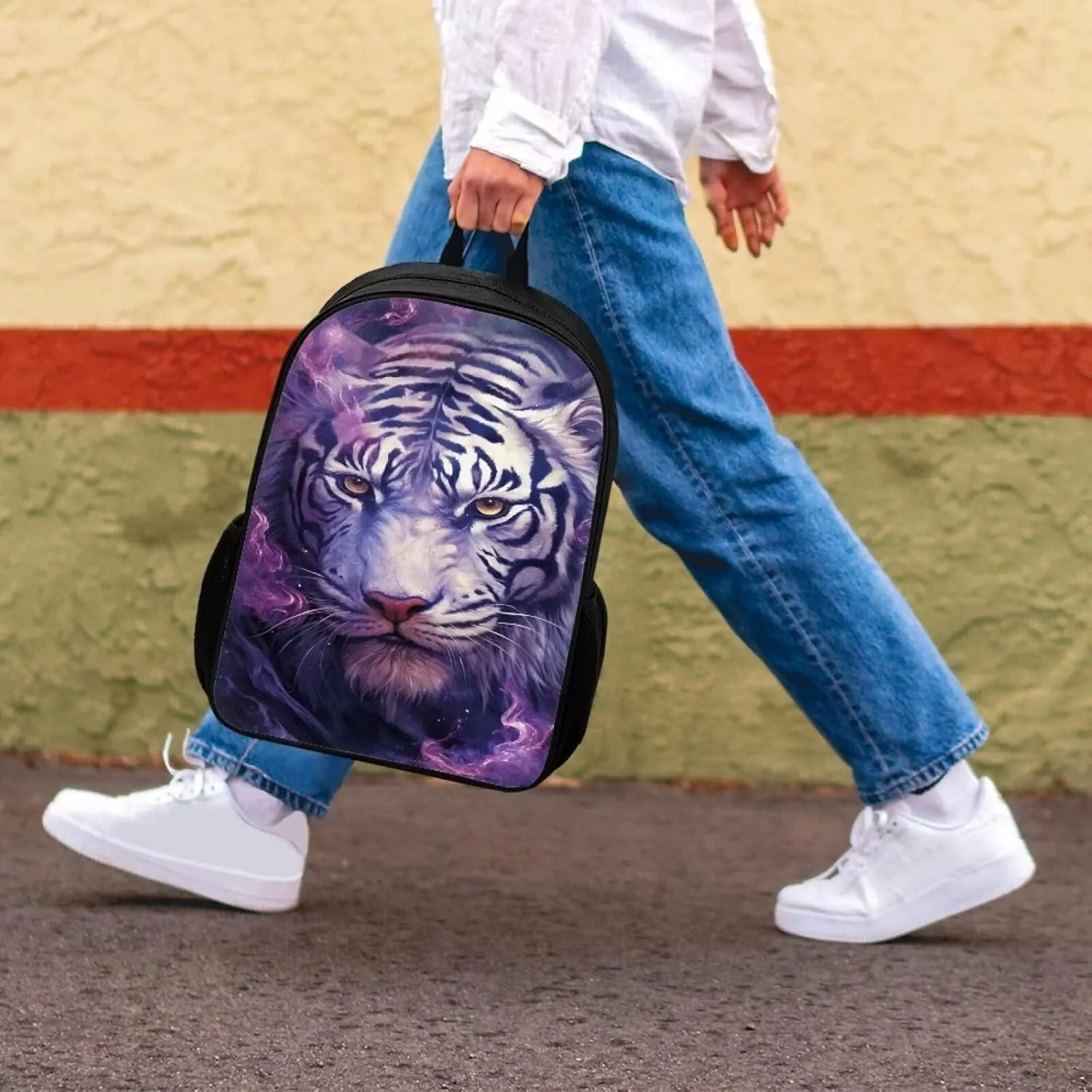 Kids Cute Animal School Backpack 17 Inch Black Lightweight Sturdy Soft Padded Cool Tiger Backpack for Girls Boys Trendy Personalized Bookbag with Mesh Pocket Children Travel Outing Daypack