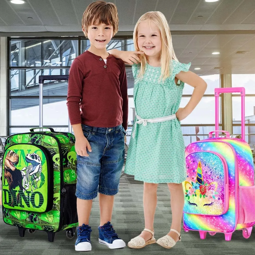 Kids Luggage for Boys and Girls, Cute Dinosaur Unicorn Rolling Wheels Suitcase for Toddler Children