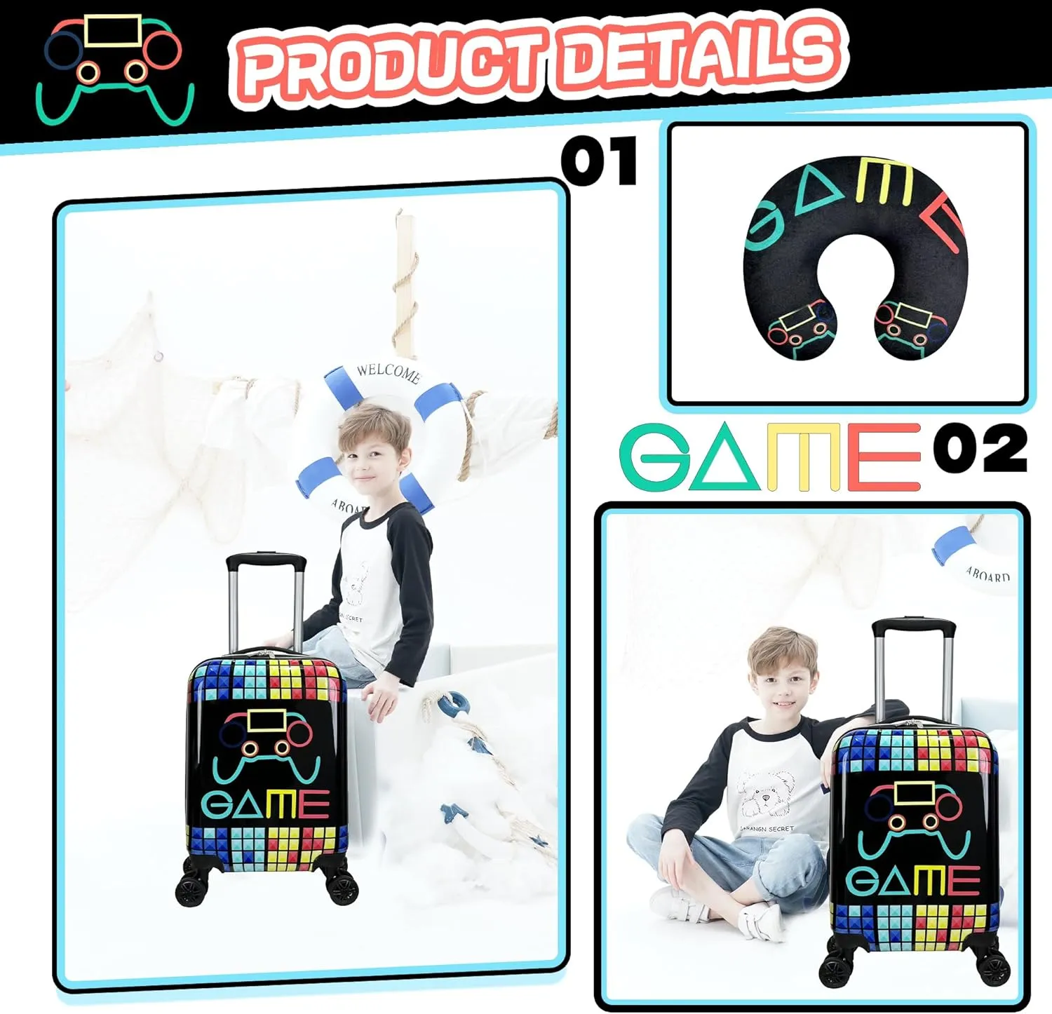 Kid’s Luggage Set 2 Piece Suitcase Set 16’’ Hardside Luggage with Spinner Wheels Girls Boys Carry on Luggage Travel Rolling Luggage Airline Approved
