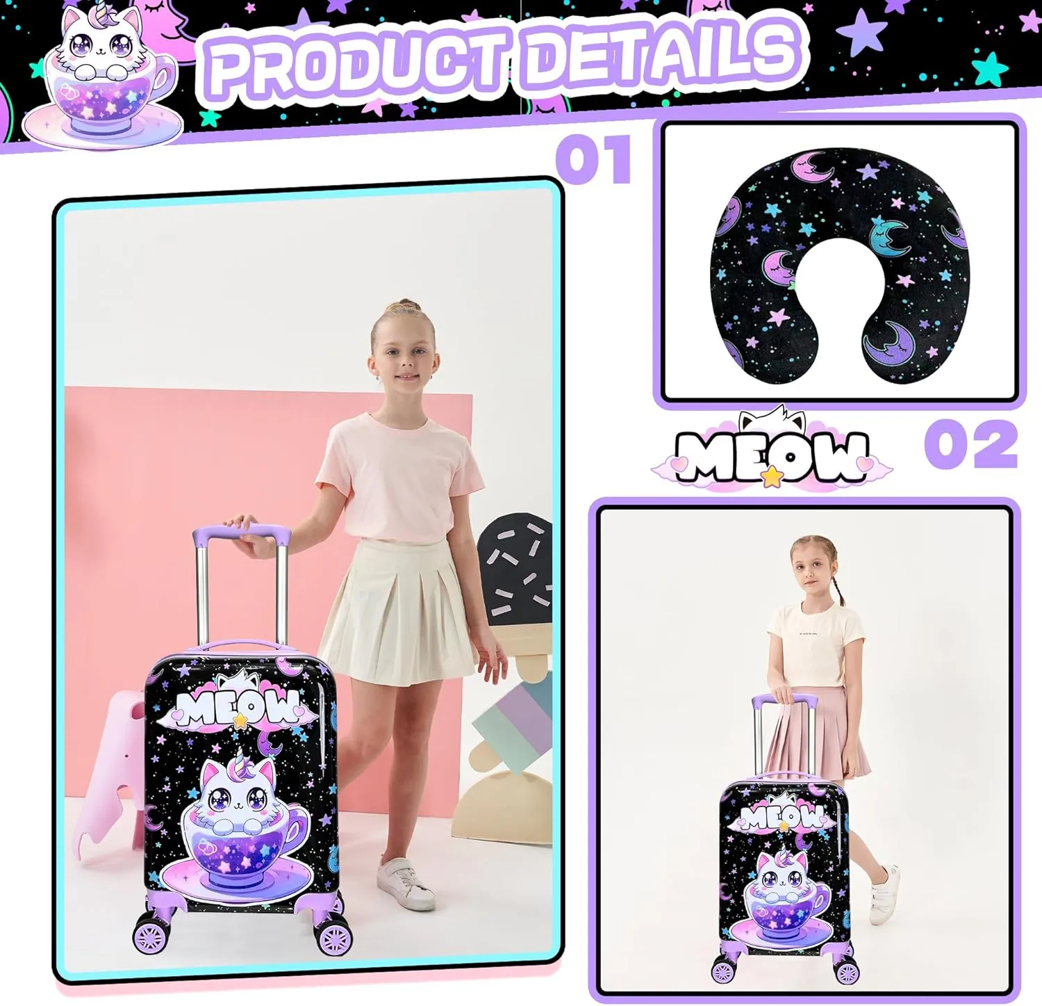 Kid’s Luggage Set 2 Piece Suitcase Set 16’’ Hardside Luggage with Spinner Wheels Girls Carry on Toddler Luggage Travel Rolling Luggage Airline Approved