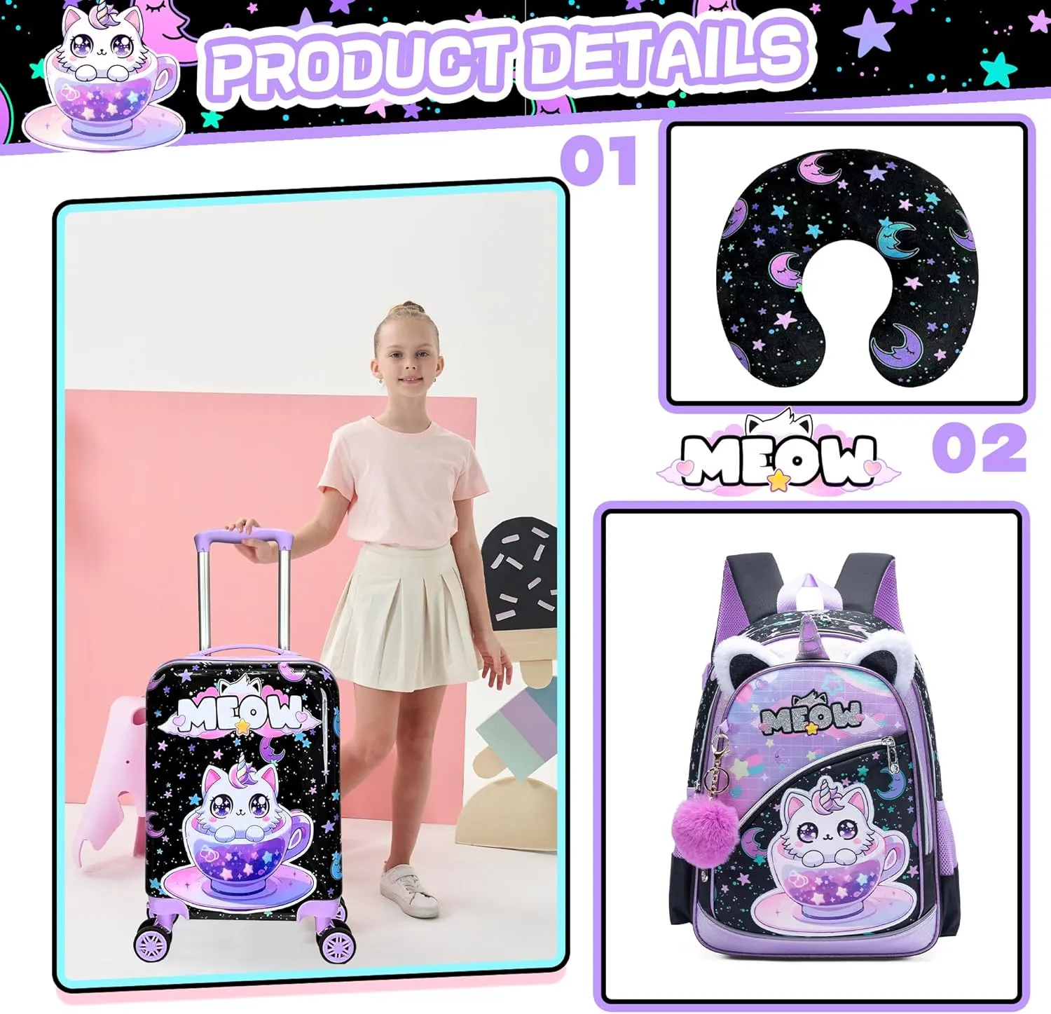 Kid’s Luggage Set 5 Piece Suitcase Set 16’’ Hardside Luggage with Spinner Wheels Girls Carry on Toddler Luggage Travel Rolling Luggage Airline Approved