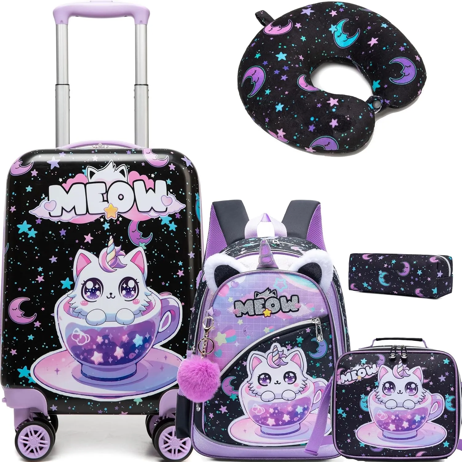 Kid’s Luggage Set 5 Piece Suitcase Set 16’’ Hardside Luggage with Spinner Wheels Girls Carry on Toddler Luggage Travel Rolling Luggage Airline Approved