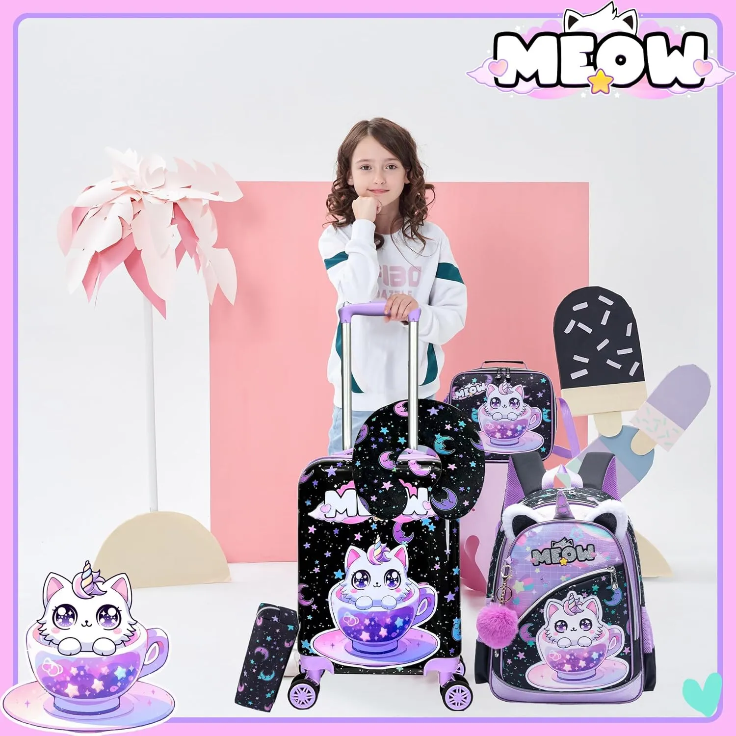 Kid’s Luggage Set 5 Piece Suitcase Set 16’’ Hardside Luggage with Spinner Wheels Girls Carry on Toddler Luggage Travel Rolling Luggage Airline Approved
