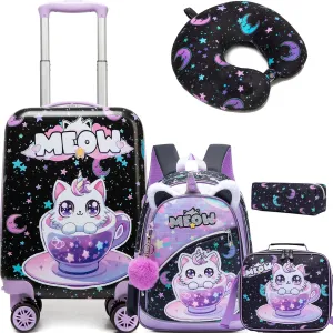 Kid’s Luggage Set 5 Piece Suitcase Set 16’’ Hardside Luggage with Spinner Wheels Girls Carry on Toddler Luggage Travel Rolling Luggage Airline Approved