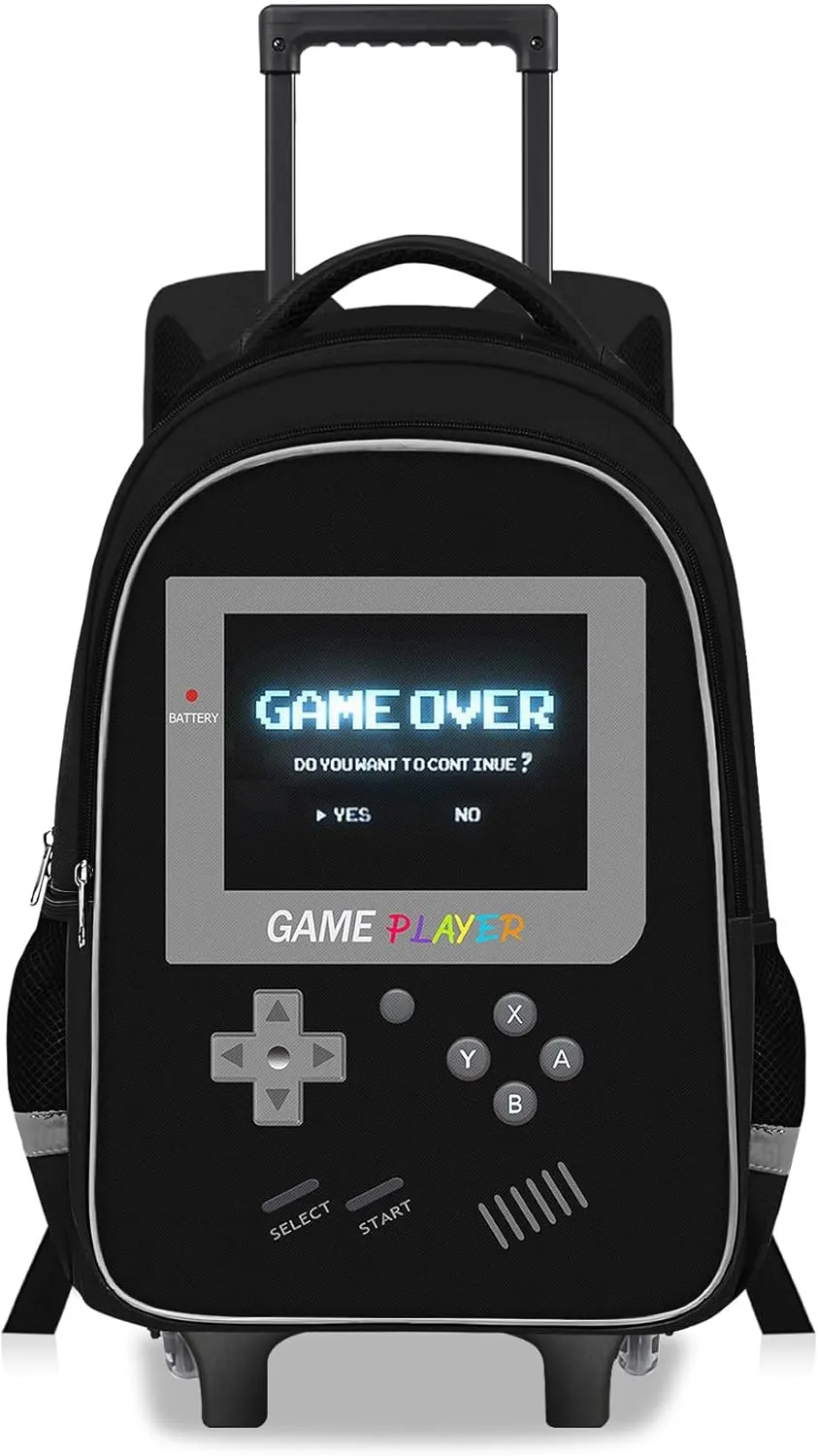 Kids Rolling Backpack for Boys - Gamer Boys Rolling Backpack with Wheels, Elementary Middle School Roller Bookbag with Adjustable Handle for Travel & School