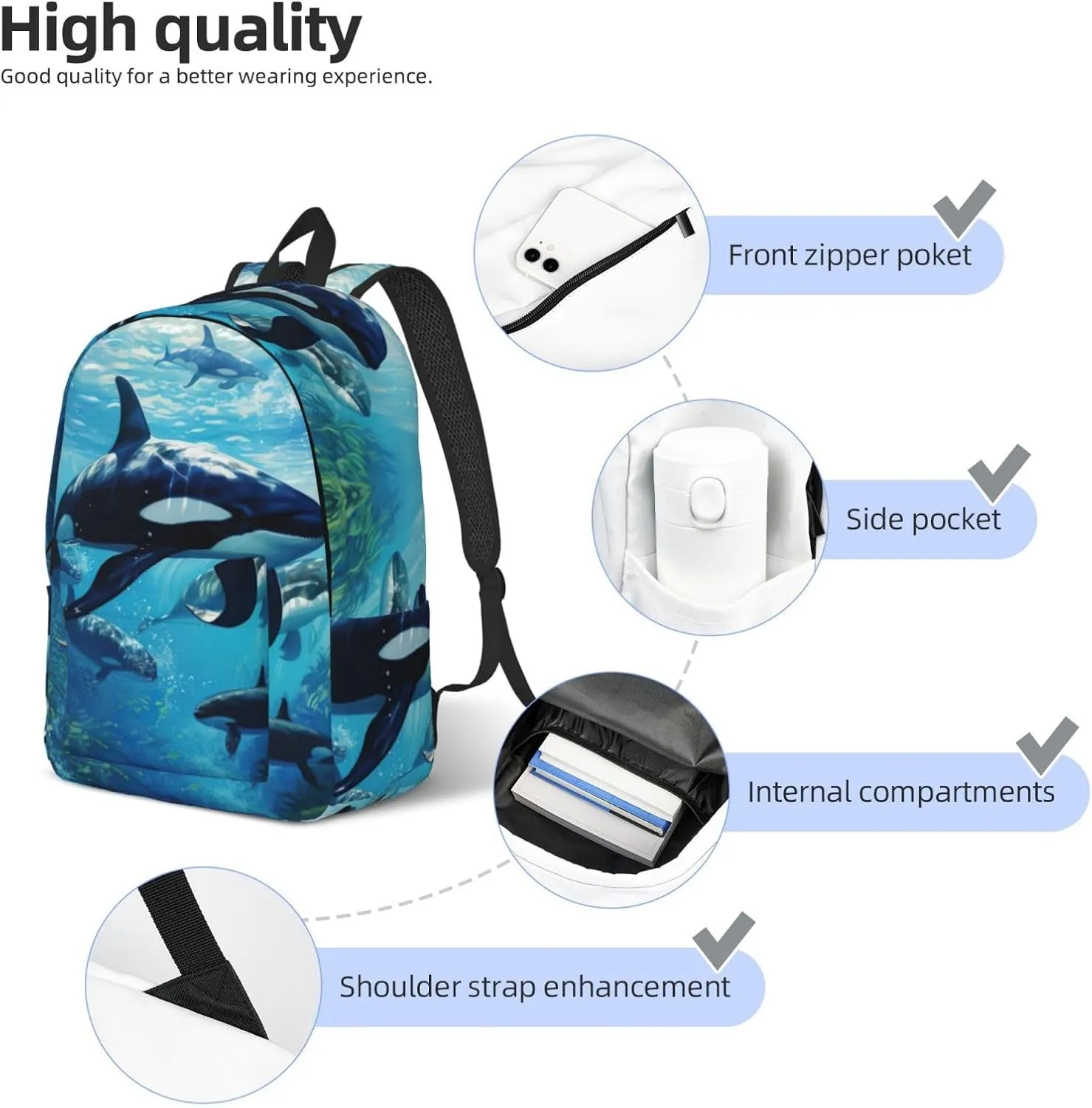 Killer Whales Swim Along Classic Style Backpacks Travel Bag For Men Women Lightweight Back Pack With Laptop Compartmen