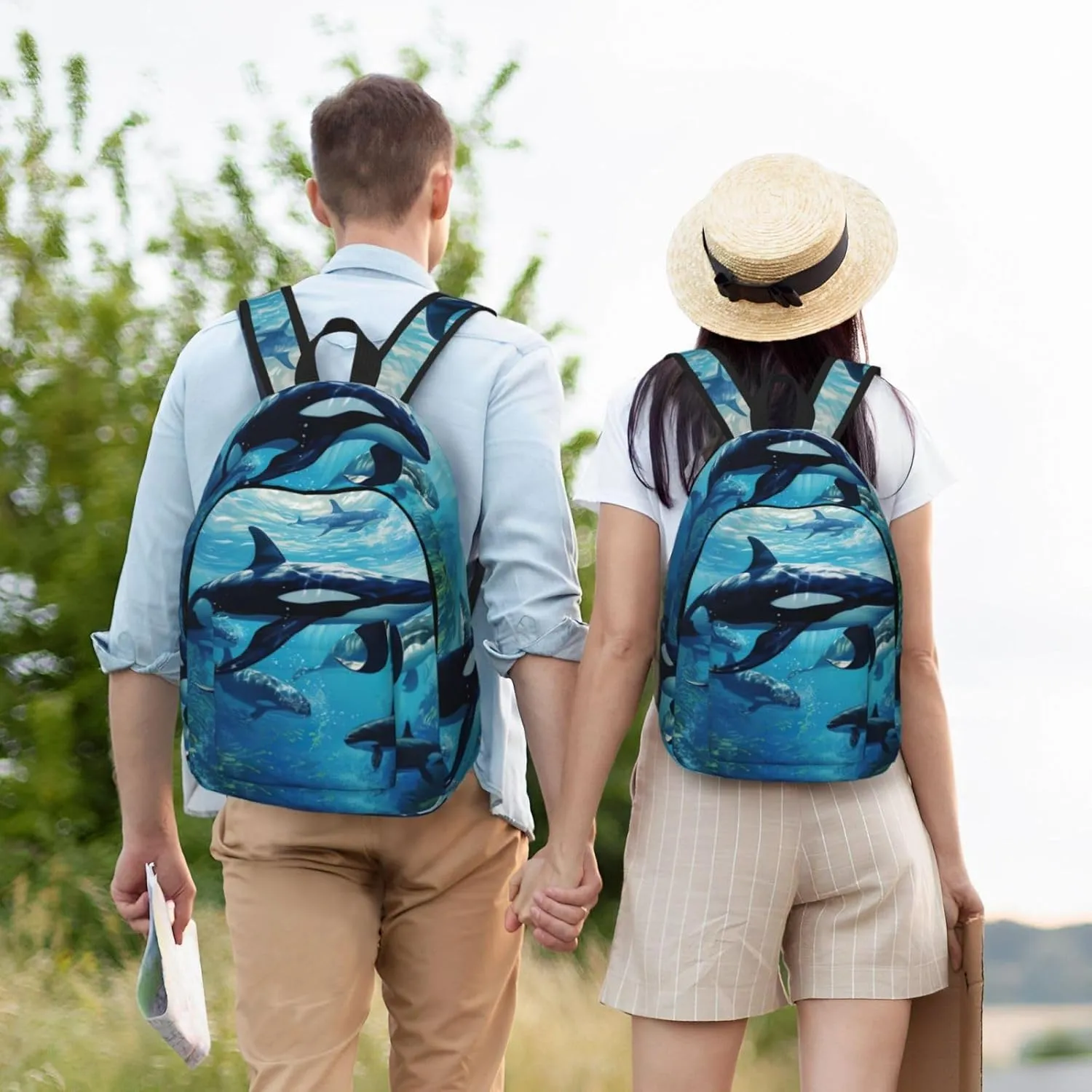 Killer Whales Swim Along Classic Style Backpacks Travel Bag For Men Women Lightweight Back Pack With Laptop Compartmen