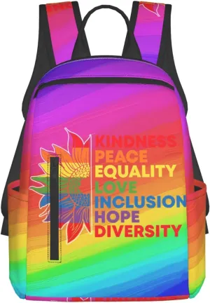 Kindness Peace Equality Love Inclusion Pride Sunflower Travel Laptop Backpack Casual Backpacks Double Shoulder Daypack Notebook Rucksack Work Bags Sports Bag for Gym Hiking Camping Beach