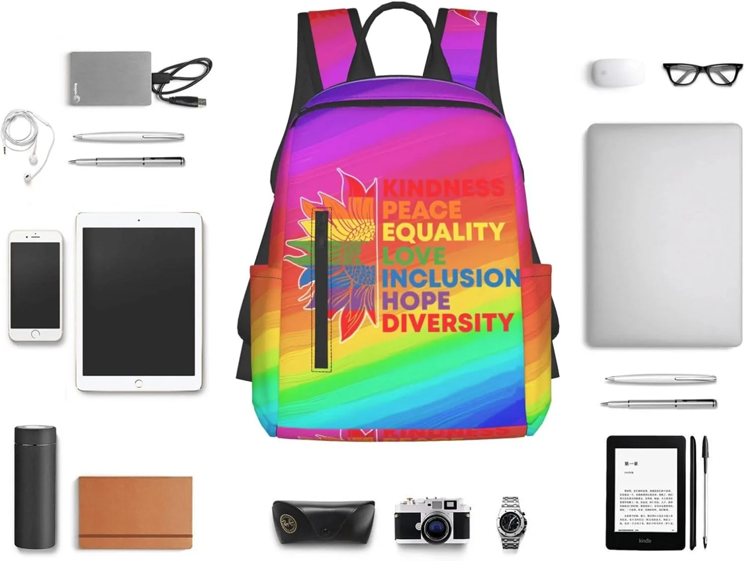 Kindness Peace Equality Love Inclusion Pride Sunflower Travel Laptop Backpack Casual Backpacks Double Shoulder Daypack Notebook Rucksack Work Bags Sports Bag for Gym Hiking Camping Beach