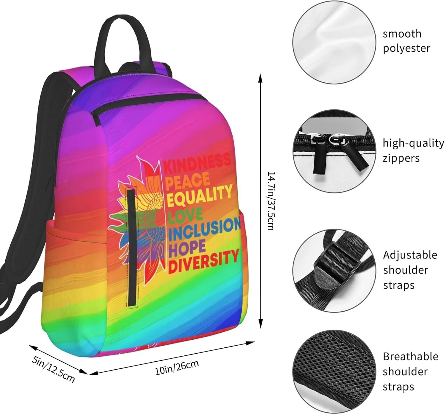Kindness Peace Equality Love Inclusion Pride Sunflower Travel Laptop Backpack Casual Backpacks Double Shoulder Daypack Notebook Rucksack Work Bags Sports Bag for Gym Hiking Camping Beach