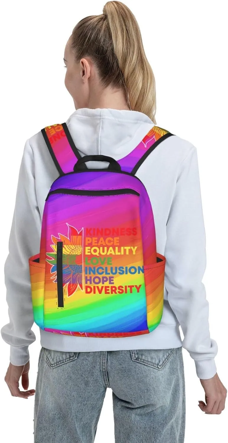 Kindness Peace Equality Love Inclusion Pride Sunflower Travel Laptop Backpack Casual Backpacks Double Shoulder Daypack Notebook Rucksack Work Bags Sports Bag for Gym Hiking Camping Beach