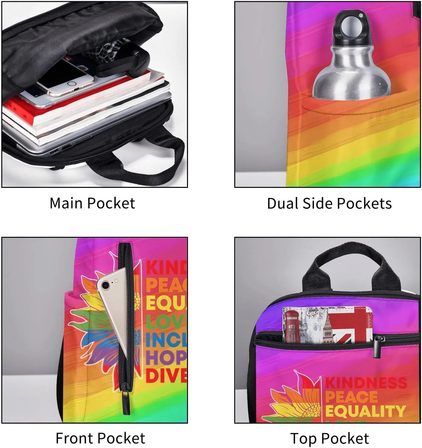 Kindness Peace Equality Love Inclusion Pride Sunflower Travel Laptop Backpack Casual Backpacks Double Shoulder Daypack Notebook Rucksack Work Bags Sports Bag for Gym Hiking Camping Beach