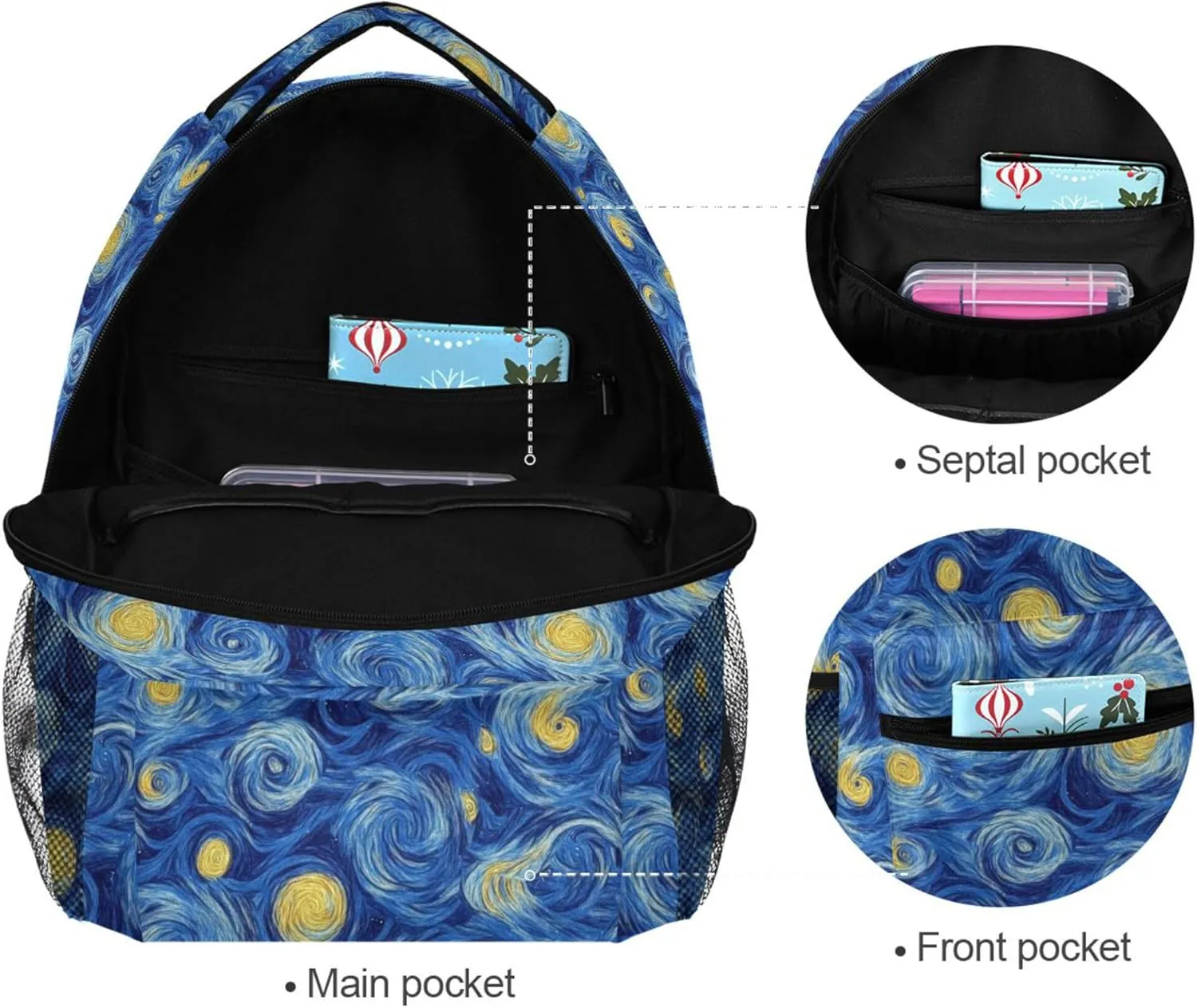 KLL Backpacks for Teacher Nurse Waterproof Carry On Backpacks with Chest Strap for Business Work College Travel Trip Masterpiece Starry Night Oil Painting