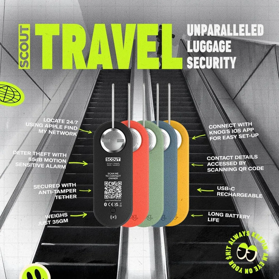 Knog Scout iOS Smart Tag, Tracker & 85d Alarm – Rechargeable Luggage Tag Compatible with iOS App & Apple Find My, Digital Contact Info, Remote Chime, Low Battery Alerts, Water-Resistant, Blue