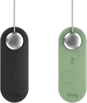 Knog Scout iOS Twin Pack Smart Tag, Tracker & 85dB Alarm – Rechargeable Luggage Tag Compatible with iOS App & Apple Find My, Digital Contact Info, Remote Chime, Water-Resistant, Black/Green