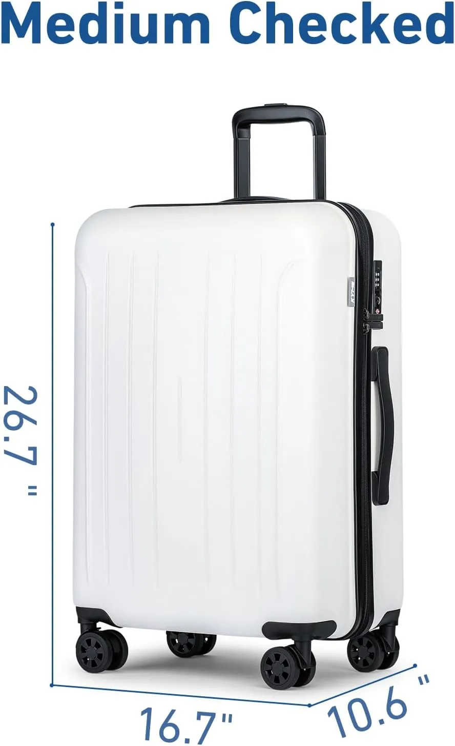 KYME 24 Inch Luggage, Medium Checked Suitcase with Double Spinner Wheels, Check in Bag, PC ABS Rolling Hard Case With TSA Lock, White