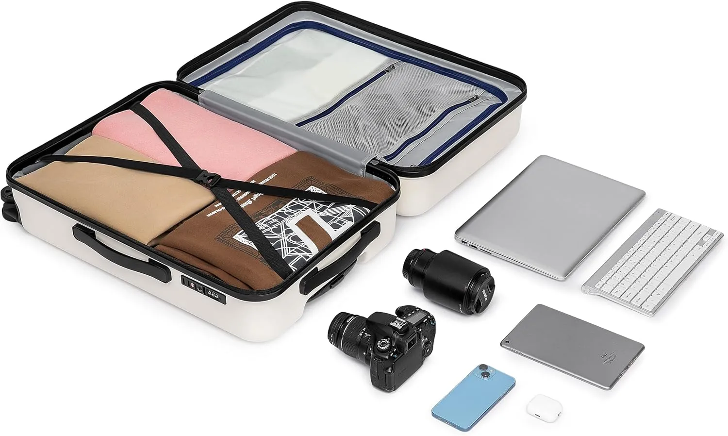 KYME 24 Inch Luggage, Medium Checked Suitcase with Double Spinner Wheels, Check in Bag, PC ABS Rolling Hard Case With TSA Lock, White