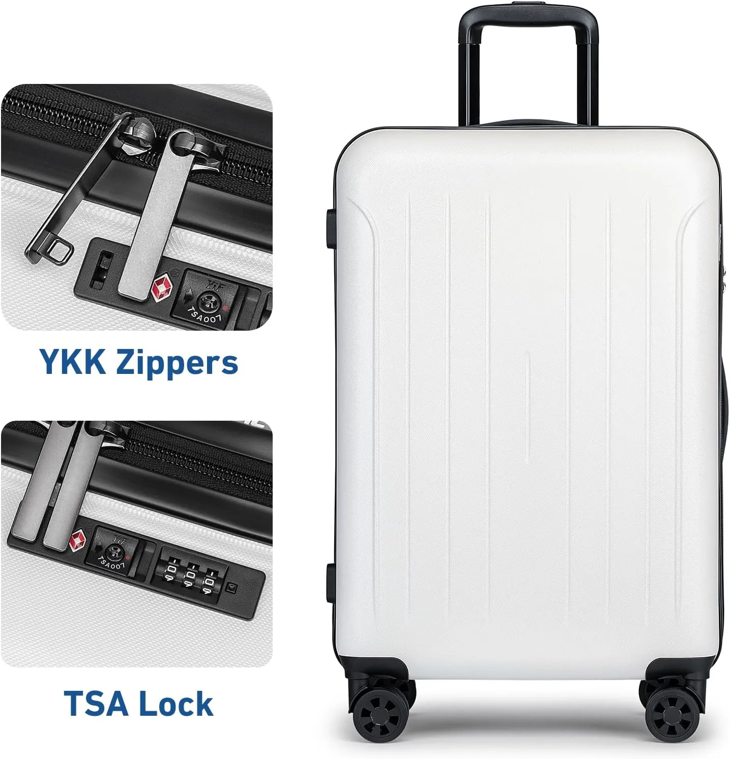 KYME 24 Inch Luggage, Medium Checked Suitcase with Double Spinner Wheels, Check in Bag, PC ABS Rolling Hard Case With TSA Lock, White