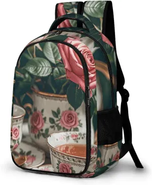 Laptop Backpack for Men Women Daypack Tea Cups with Roses Romantic Computer Bag Travel Backpacks Laptop Bag
