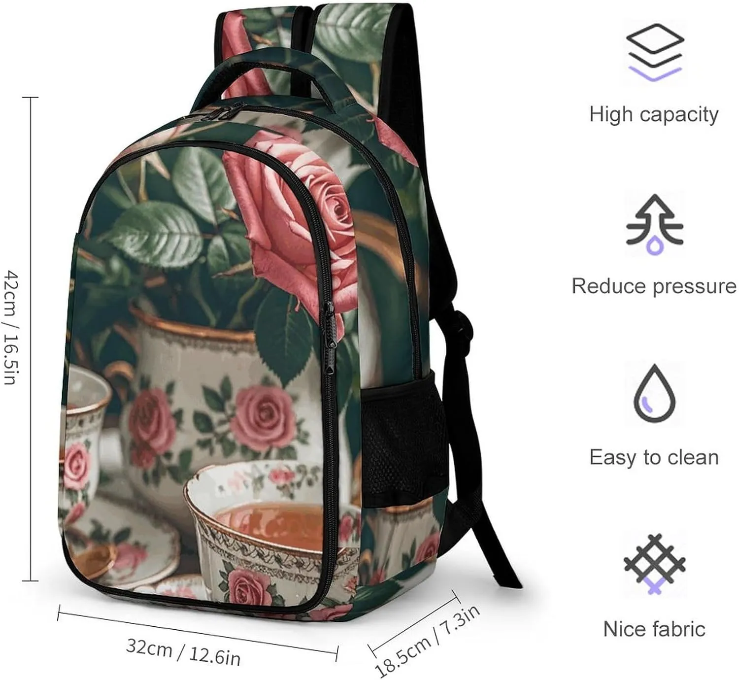 Laptop Backpack for Men Women Daypack Tea Cups with Roses Romantic Computer Bag Travel Backpacks Laptop Bag