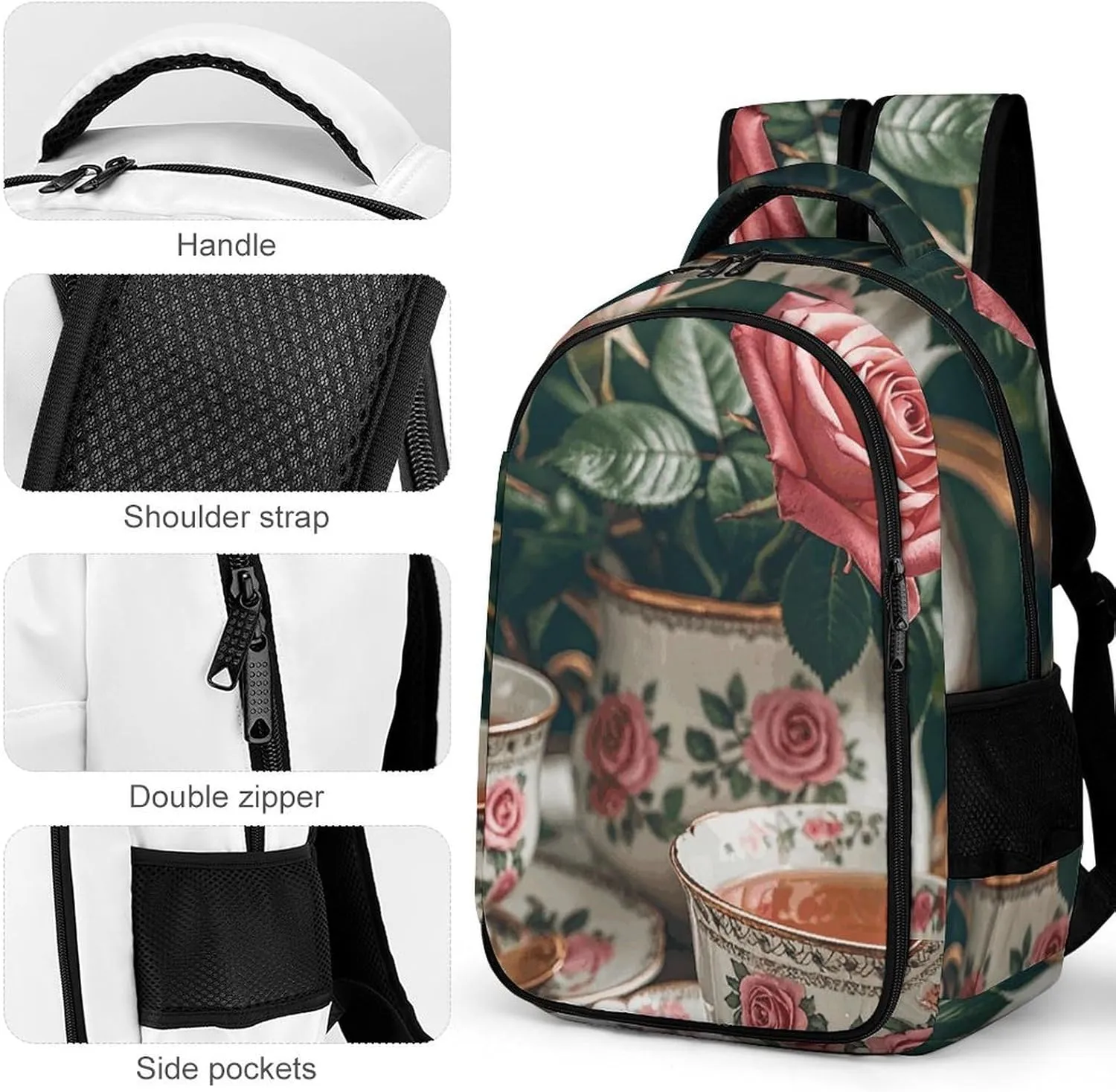 Laptop Backpack for Men Women Daypack Tea Cups with Roses Romantic Computer Bag Travel Backpacks Laptop Bag