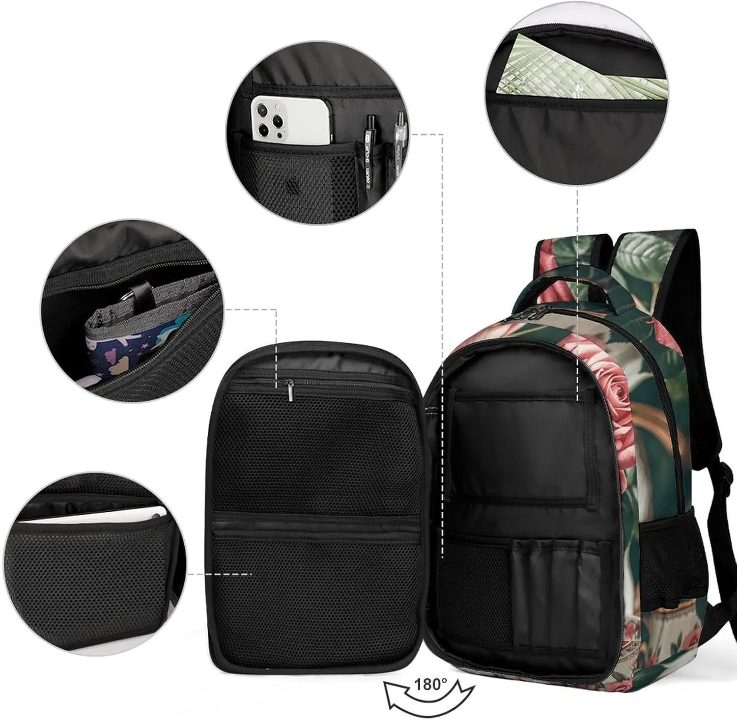 Laptop Backpack for Men Women Daypack Tea Cups with Roses Romantic Computer Bag Travel Backpacks Laptop Bag