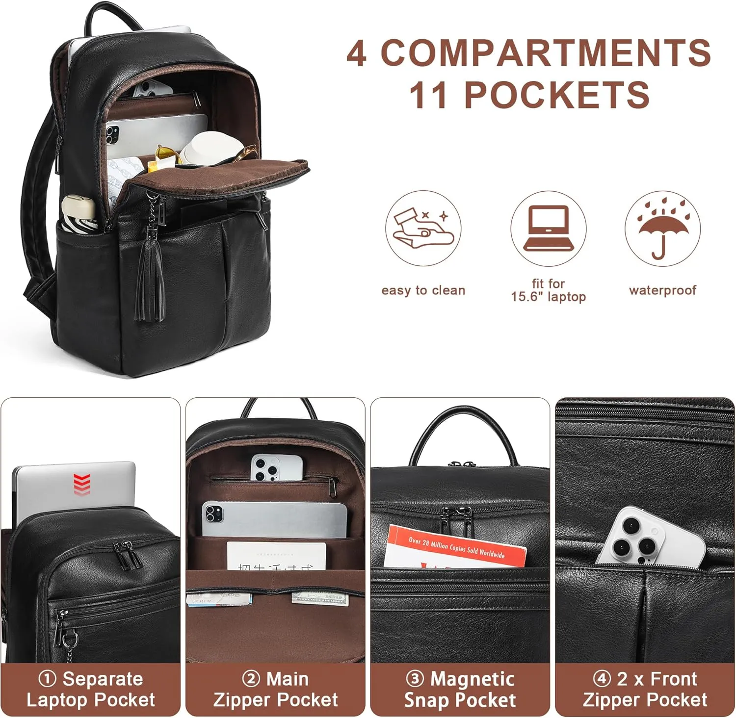 Laptop Backpack for Women 15.6" Leather Backpacks Purse Work Computer Backpack for Travel College Business,Black
