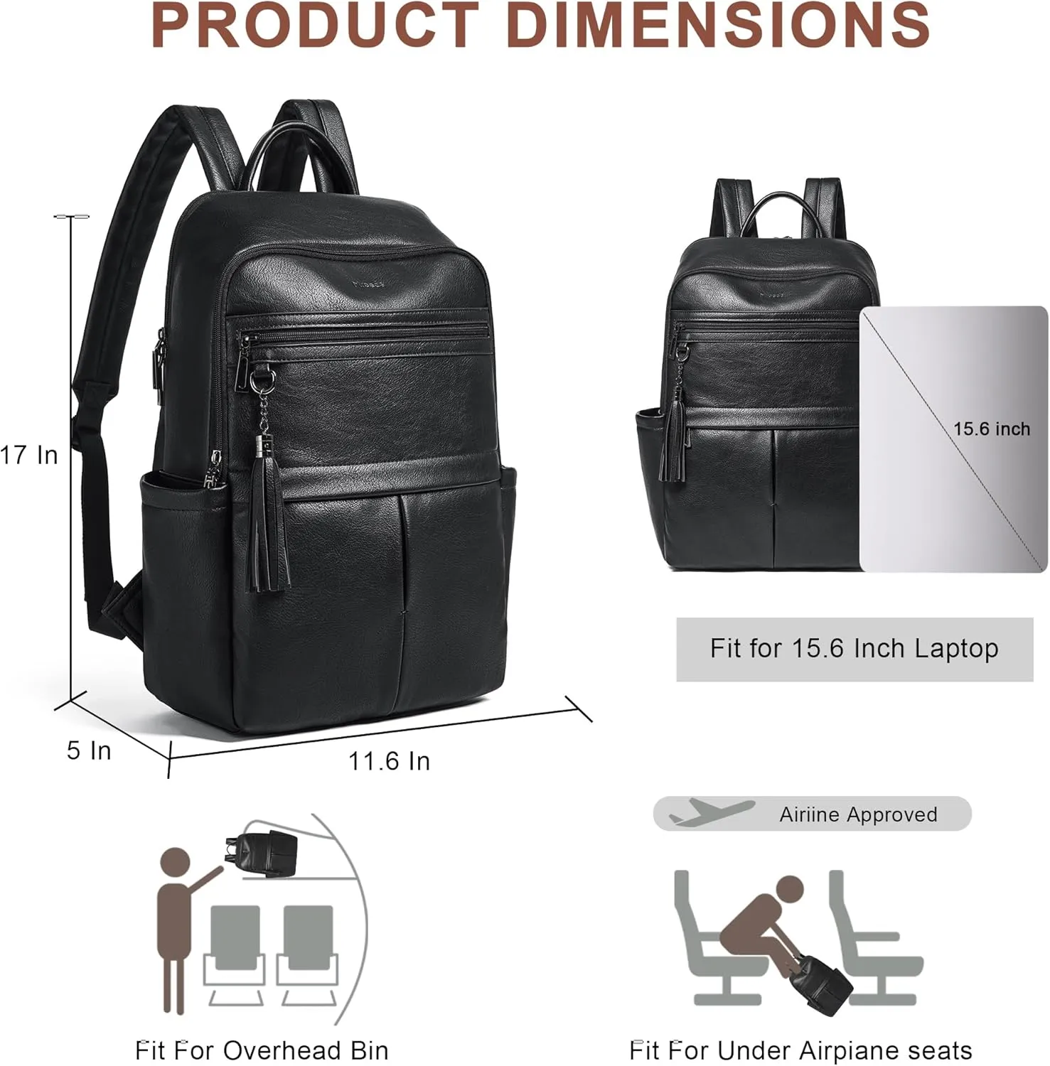 Laptop Backpack for Women 15.6" Leather Backpacks Purse Work Computer Backpack for Travel College Business,Black