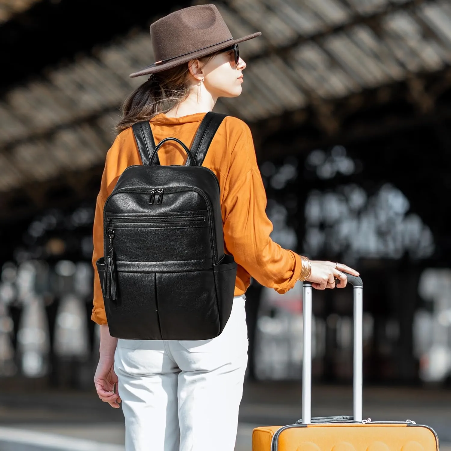 Laptop Backpack for Women 15.6" Leather Backpacks Purse Work Computer Backpack for Travel College Business,Black