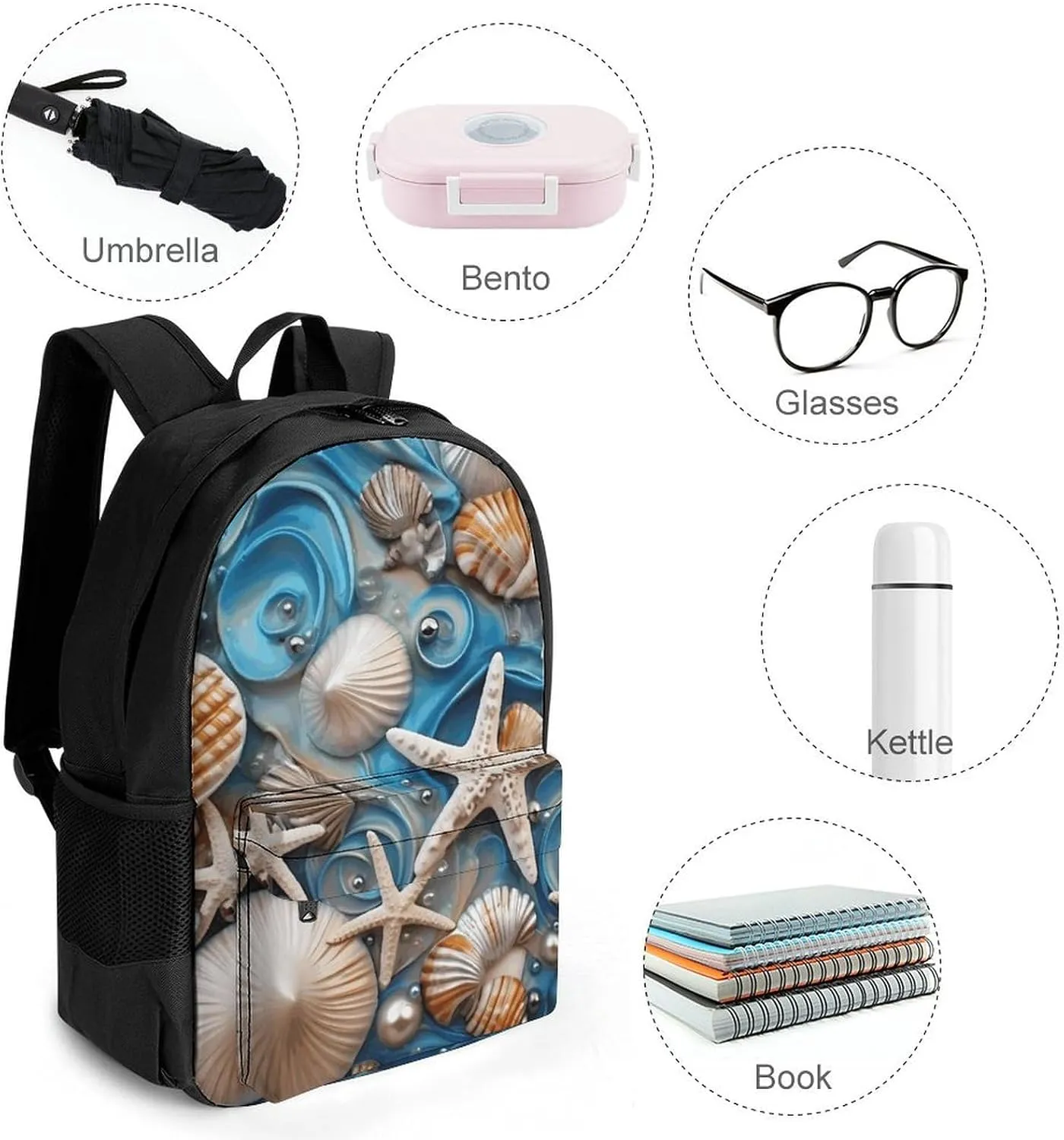 Laptop Backpack for Women Men Daypack Ocean Shell Art Backpacks Computer Bag Travel Laptop Bag Casual Work Bag