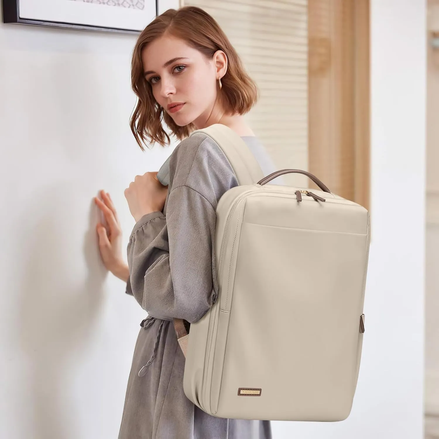 Laptop Backpack for Women, Professional Adult Office Commuter Womens Computer Backpack Travel Carry on Personal Item Bag For Airlines, Work, College, Travel, 17.3Inch, Apricot