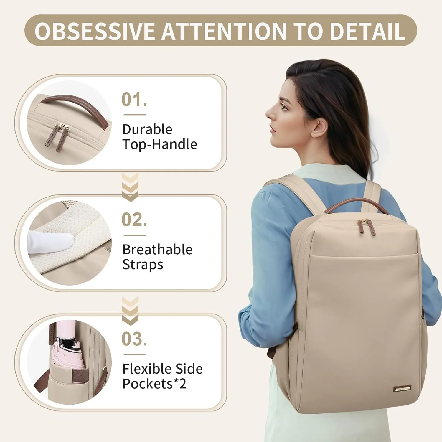 Laptop Backpack for Women, Professional Adult Office Commuter Womens Computer Backpack Travel Carry on Personal Item Bag For Airlines, Work, College, Travel, 17.3Inch, Apricot