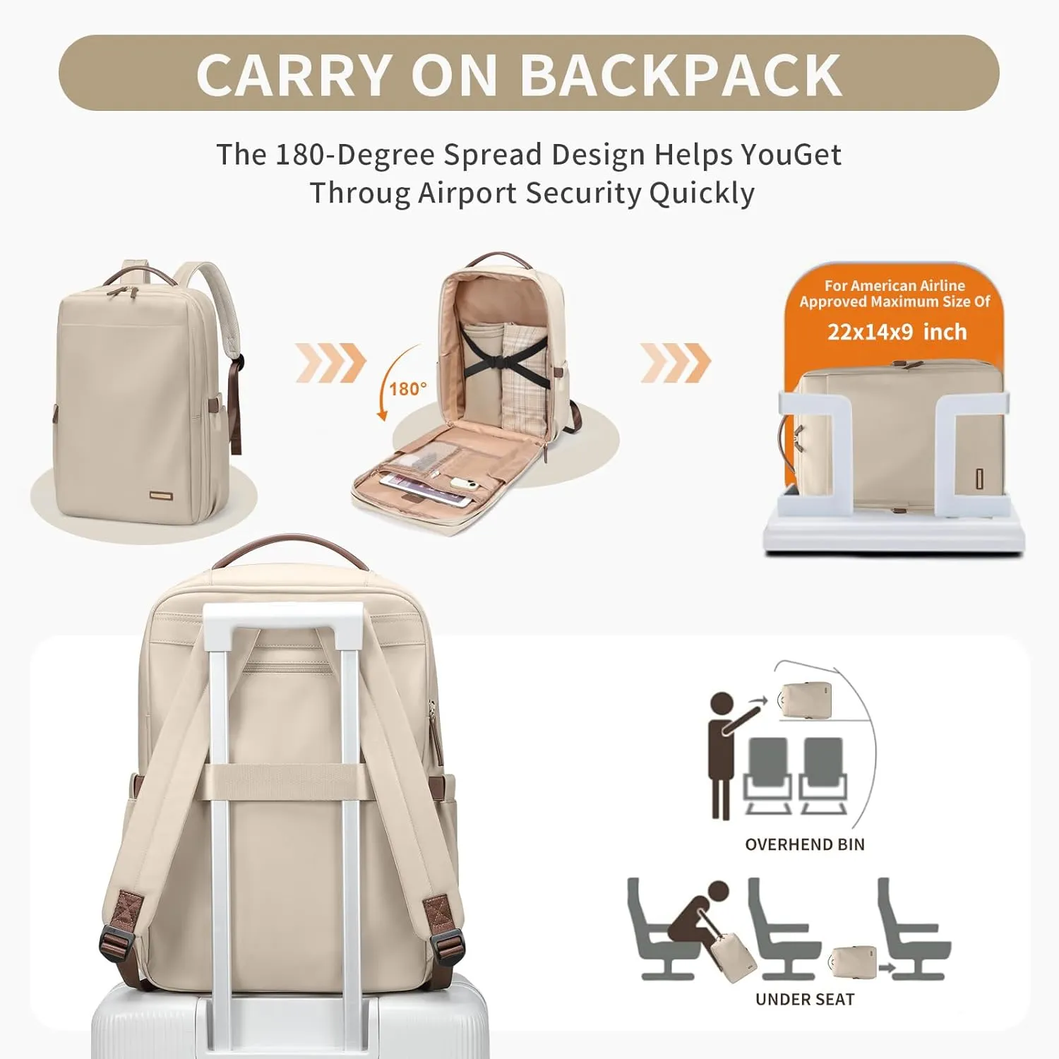 Laptop Backpack for Women, Professional Adult Office Commuter Womens Computer Backpack Travel Carry on Personal Item Bag For Airlines, Work, College, Travel, 17.3Inch, Apricot