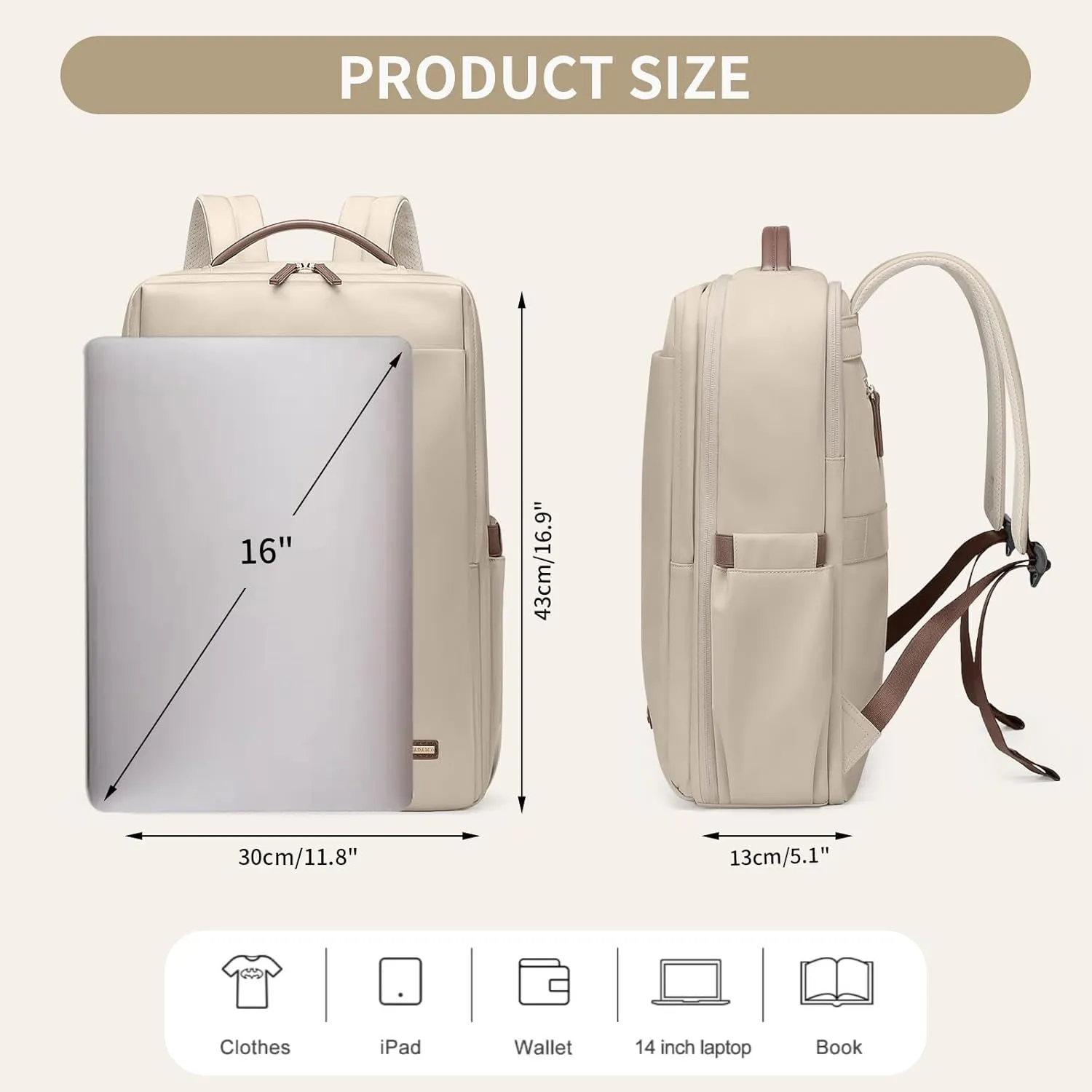 Laptop Backpack for Women, Professional Adult Office Commuter Womens Computer Backpack Travel Carry on Personal Item Bag For Airlines, Work, College, Travel, 17.3Inch, Apricot