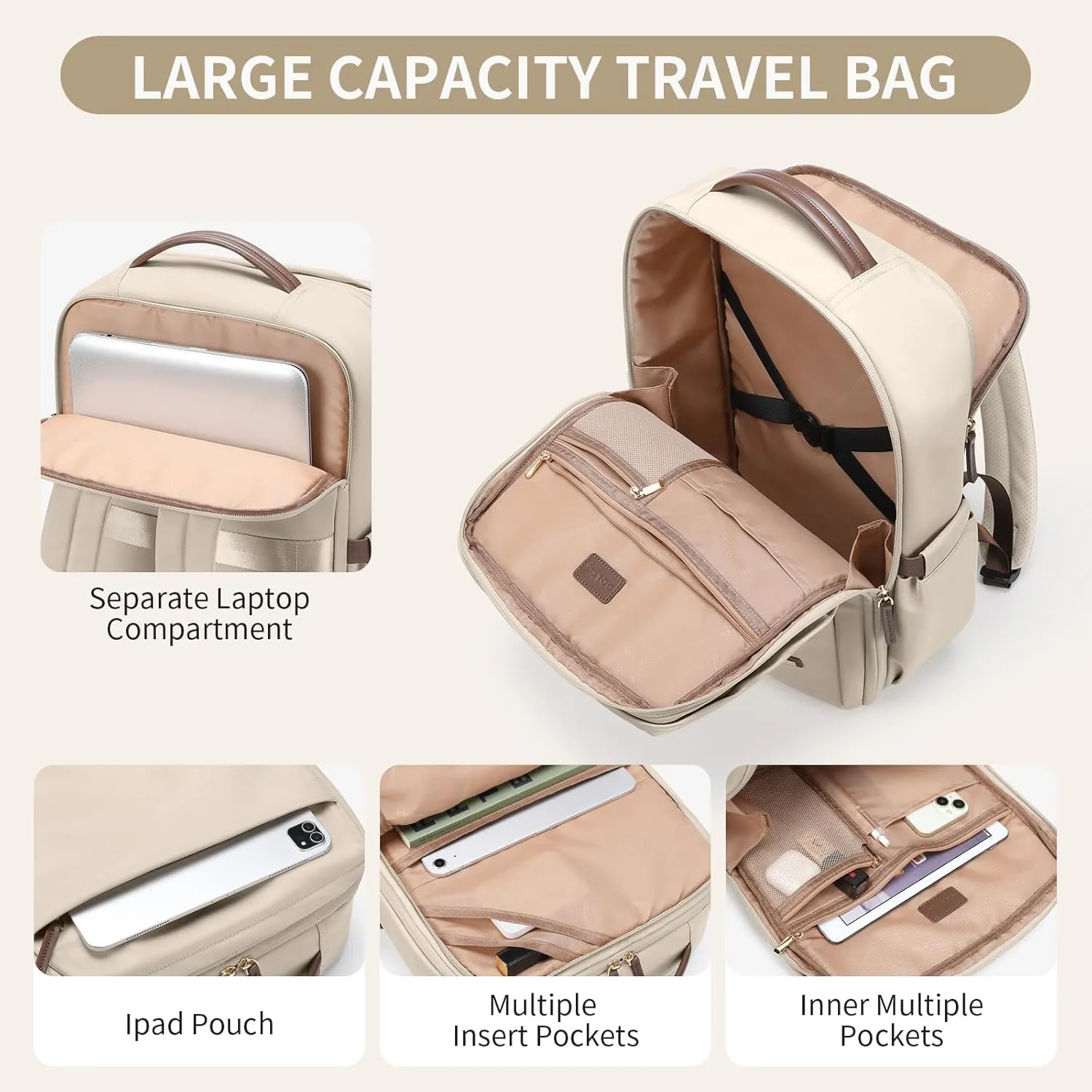 Laptop Backpack for Women, Professional Adult Office Commuter Womens Computer Backpack Travel Carry on Personal Item Bag For Airlines, Work, College, Travel, 17.3Inch, Apricot