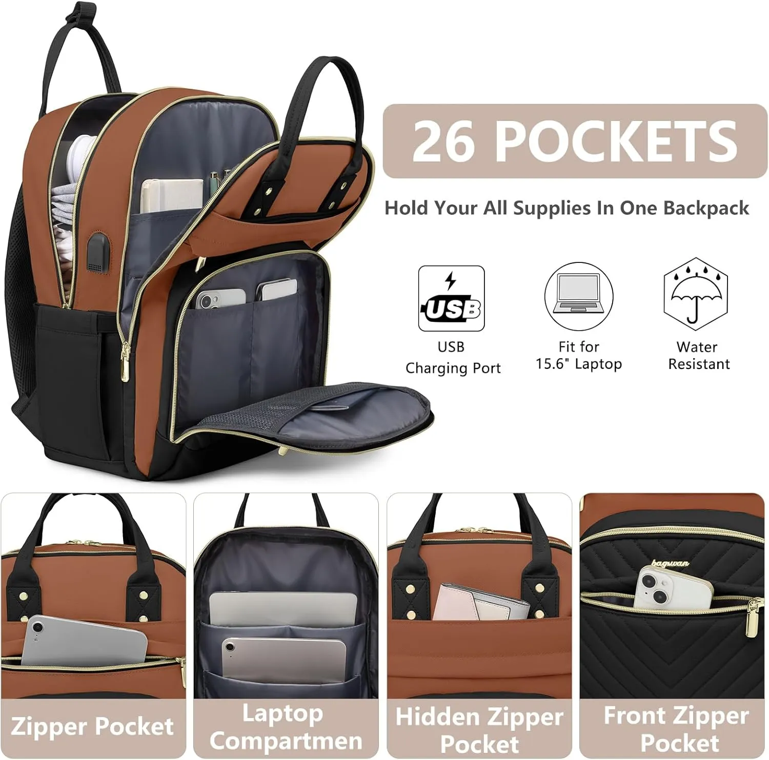 Laptop Backpack for Women Work Bag - 15.6 inch Travel Backpack with USB Charger College Bookbag Waterproof Business Computer Backpack Anti-theft Casual Backpacks for Nurse Teacher Black Brown