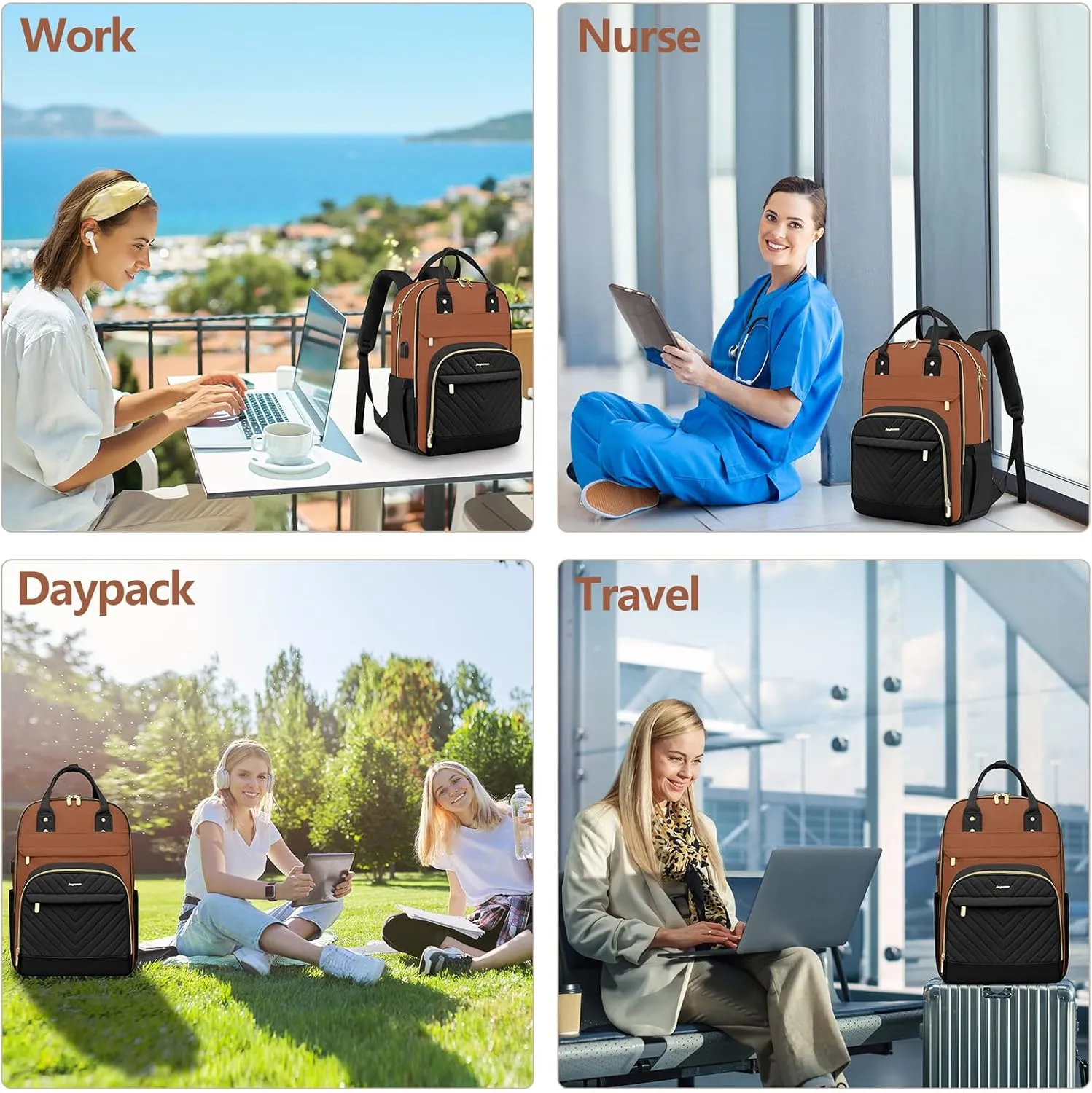 Laptop Backpack for Women Work Bag - 15.6 inch Travel Backpack with USB Charger College Bookbag Waterproof Business Computer Backpack Anti-theft Casual Backpacks for Nurse Teacher Black Brown