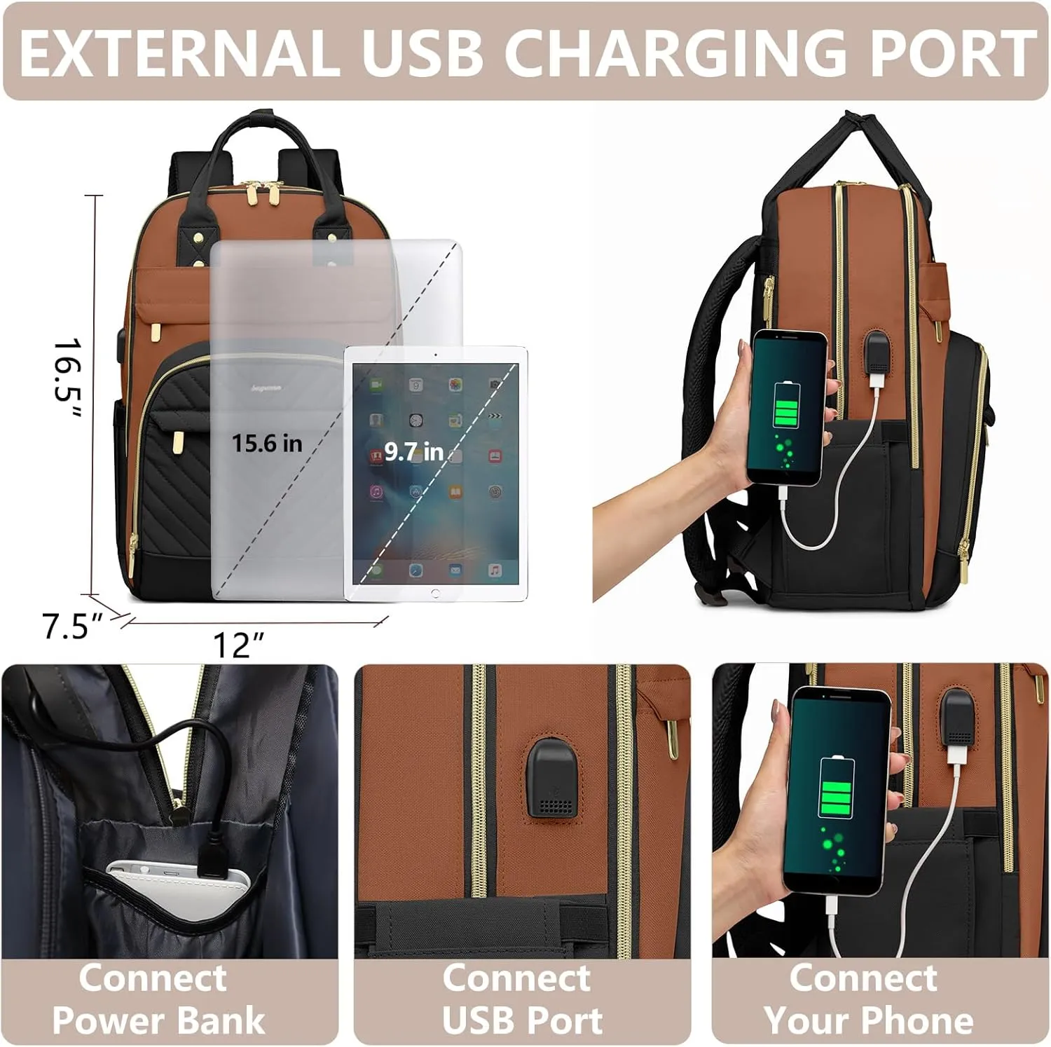 Laptop Backpack for Women Work Bag - 15.6 inch Travel Backpack with USB Charger College Bookbag Waterproof Business Computer Backpack Anti-theft Casual Backpacks for Nurse Teacher Black Brown