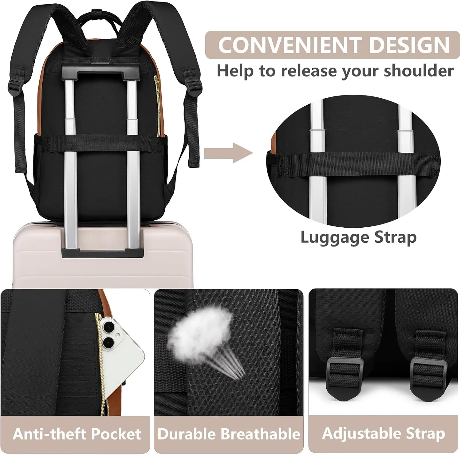 Laptop Backpack for Women Work Bag - 15.6 inch Travel Backpack with USB Charger College Bookbag Waterproof Business Computer Backpack Anti-theft Casual Backpacks for Nurse Teacher Black Brown