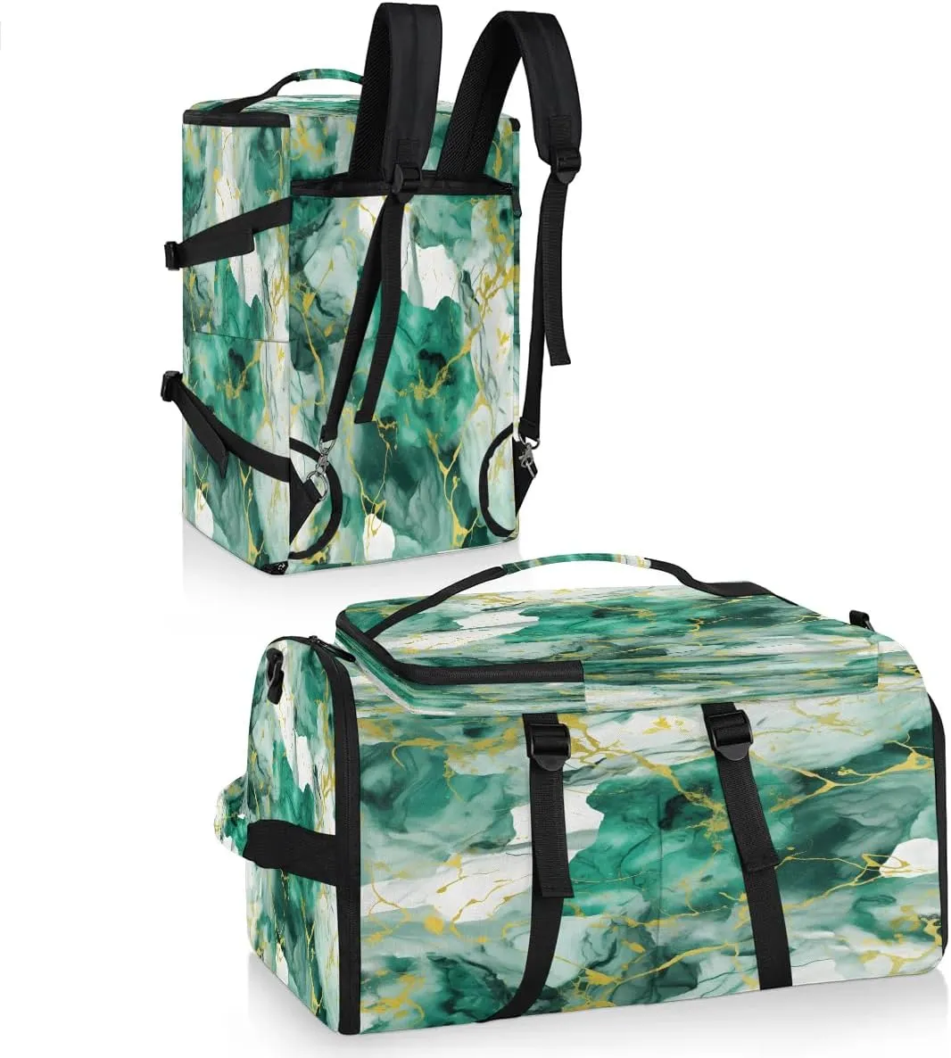 Large Carry on Backpack for Women Men Multi-function Gym Duffle Bag Green Gold Marble Style Backpack Polyester Waterproof Duffel Bags