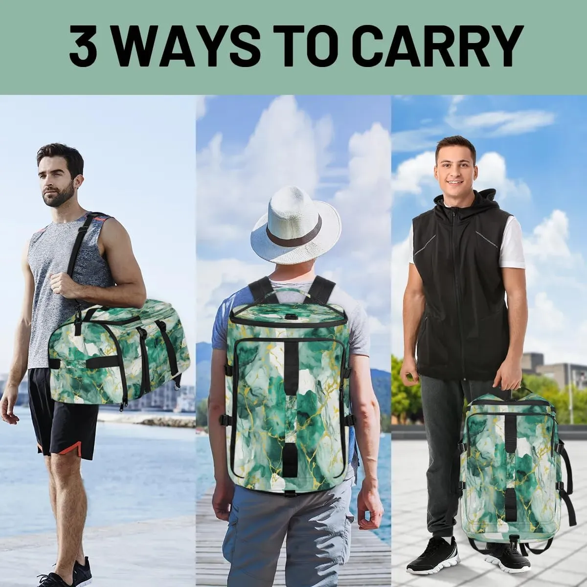 Large Carry on Backpack for Women Men Multi-function Gym Duffle Bag Green Gold Marble Style Backpack Polyester Waterproof Duffel Bags