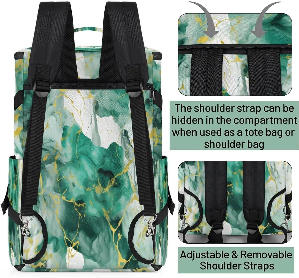 Large Carry on Backpack for Women Men Multi-function Gym Duffle Bag Green Gold Marble Style Backpack Polyester Waterproof Duffel Bags