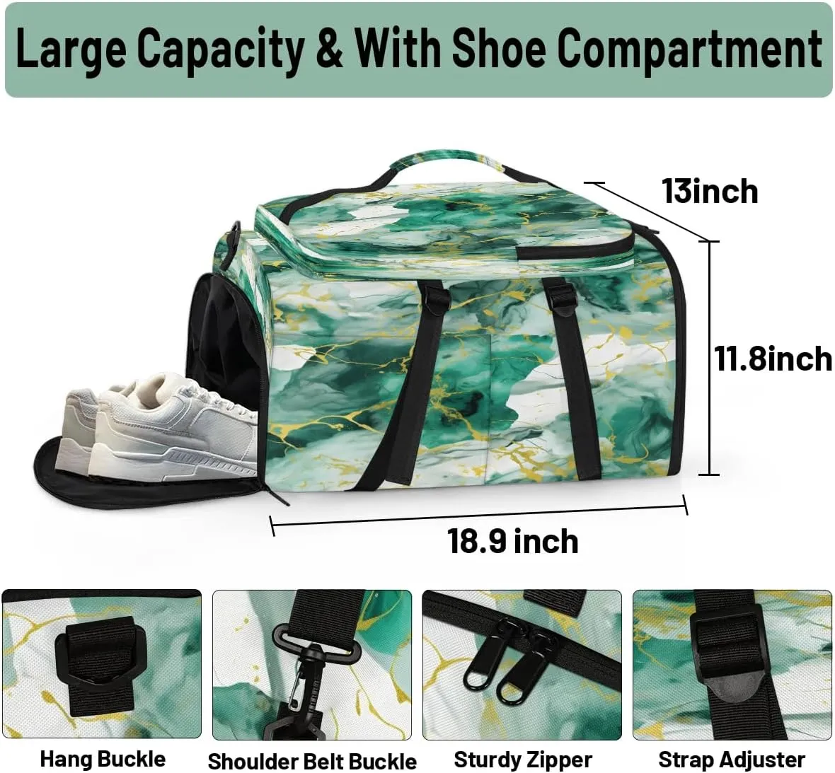 Large Carry on Backpack for Women Men Multi-function Gym Duffle Bag Green Gold Marble Style Backpack Polyester Waterproof Duffel Bags